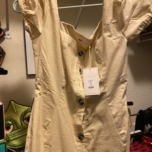 Nude Linen Puff Sleeve Mini dress